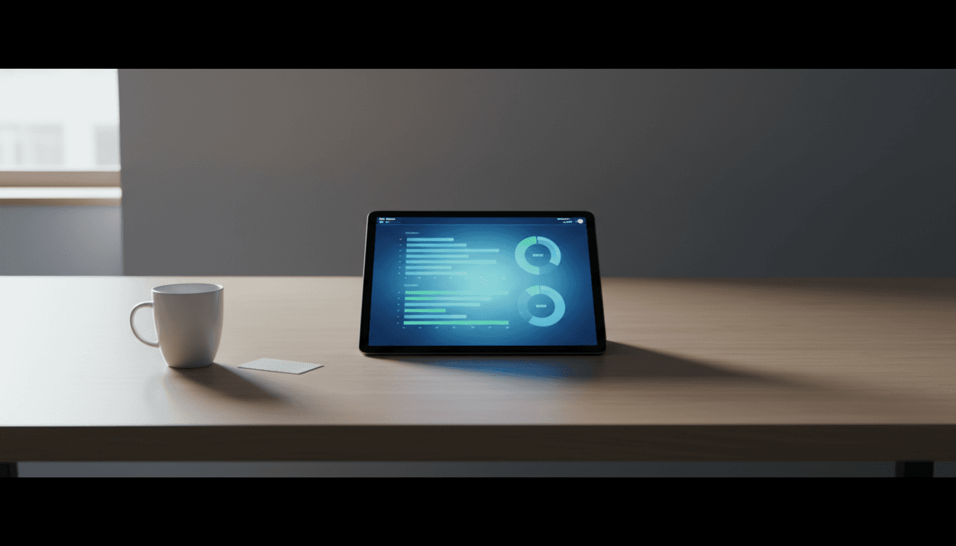 Tablet showing a dashboard interface on a desk