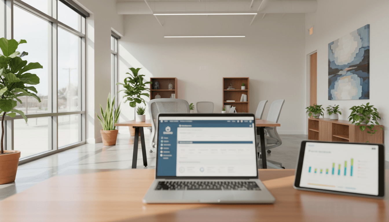 Bright Austin office with laptop showing revenue dashboard and tablet with charts