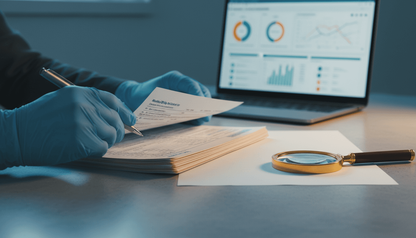 Close-up of hands reviewing medical billing claims with a magnifying glass on a desk
