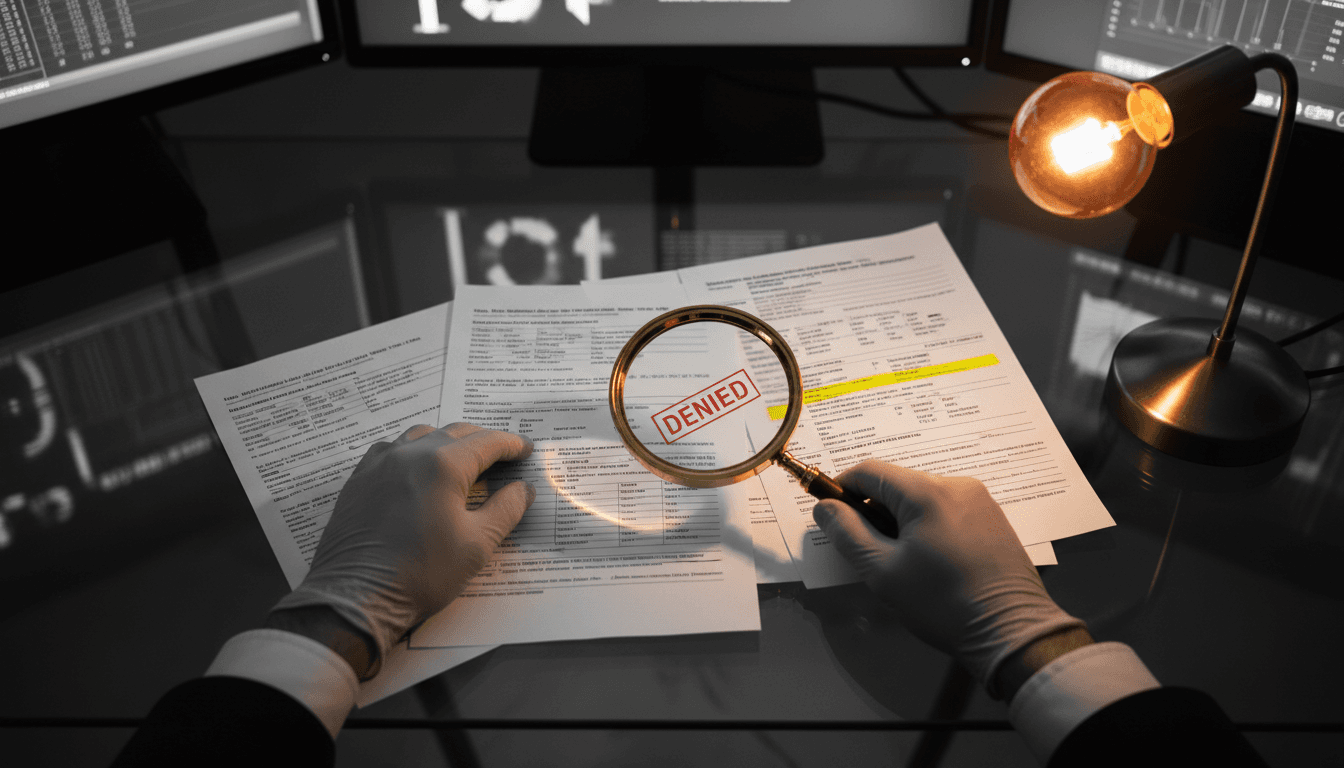 Close-up hands reviewing denied medical claim documents with magnifying glass
